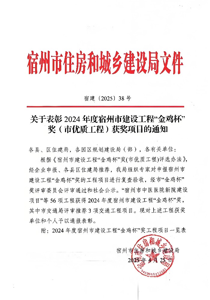 公司監理項目斬獲宿州市“金雞杯”獎，劉斌同志榮獲“優秀總監理工程師”榮譽